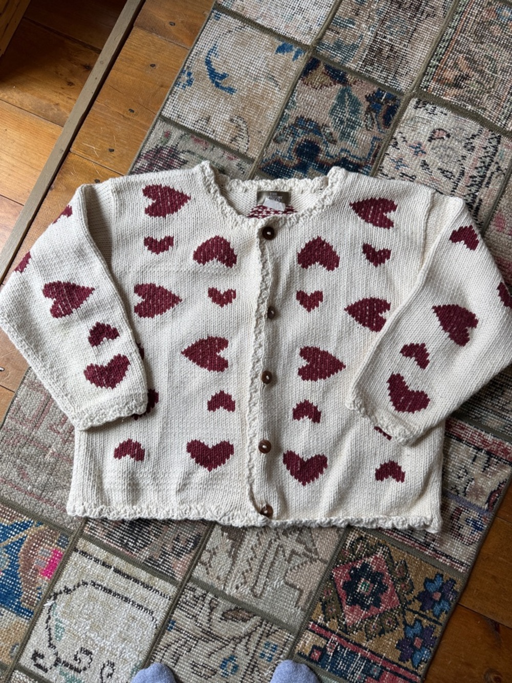 Novelty 90s Cotton Sweater The Territory Ahead Cream Cardigan Burgundy Heart